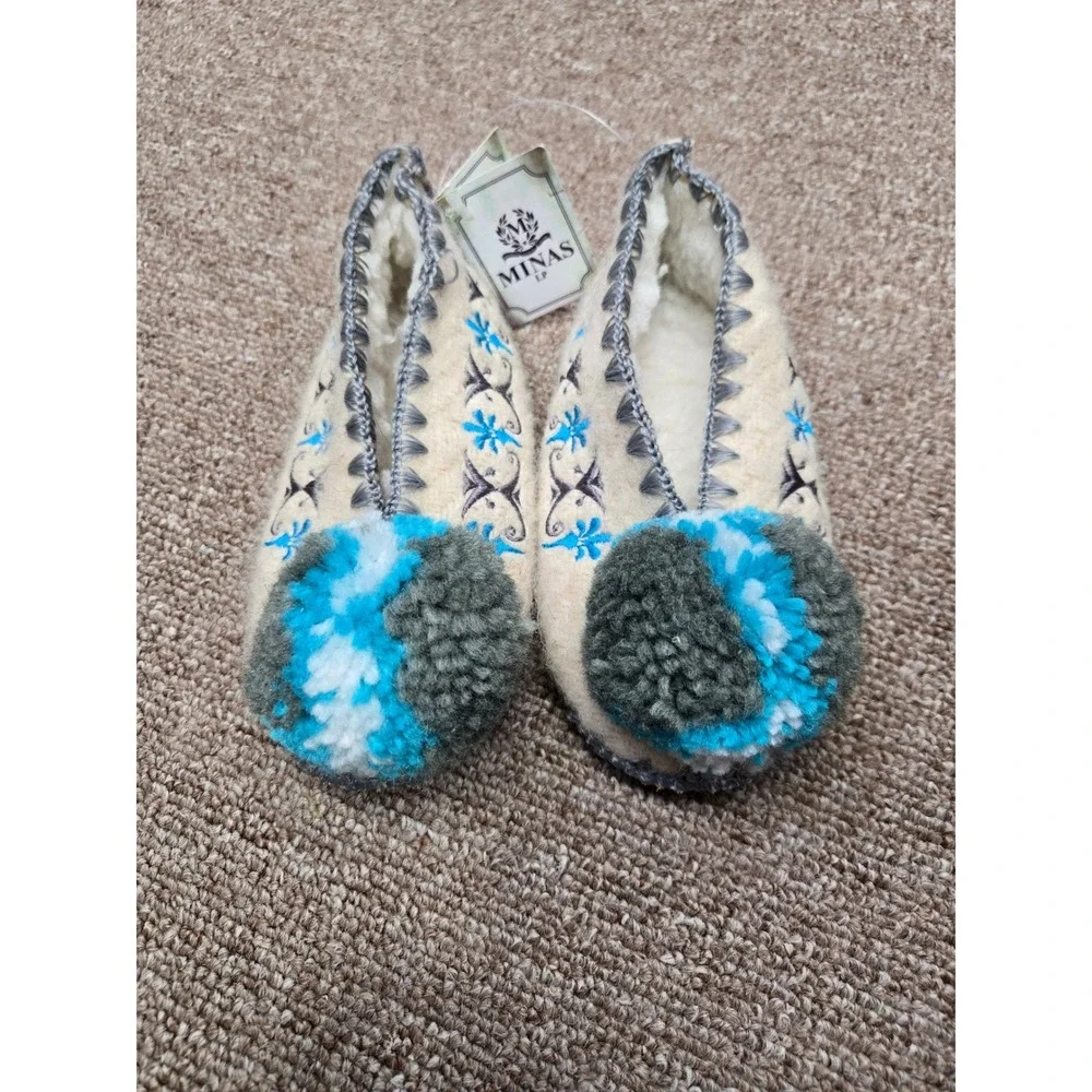 NWT Minas LP Traditional Greek Wool Slippers Kids 3 Years EU 26 US 9.5 Pom Pom